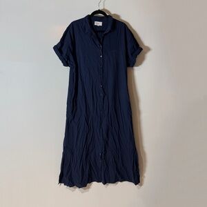 Xirena Cotton Collared Button Front Short Sleeve Maxi Shirt Dress Navy Blue M